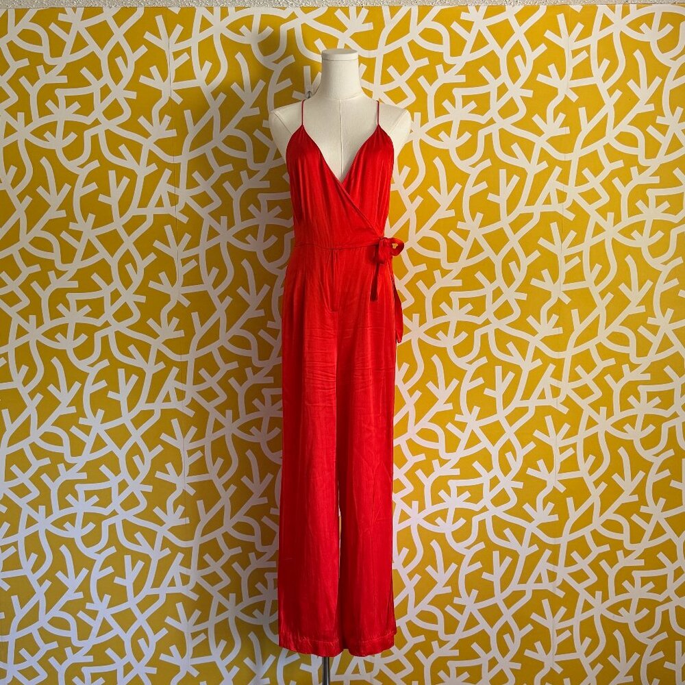 Scotch & Soda Cherry Red Silky Satin Wide Leg Halter Jumpsuit w/ Pockets - SM